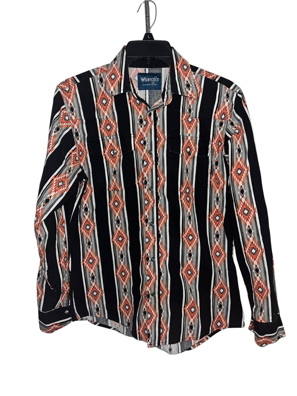 Wrangler Western Youth XL Aztec Snap Shirt Black Orange Long Sleeve Unisex